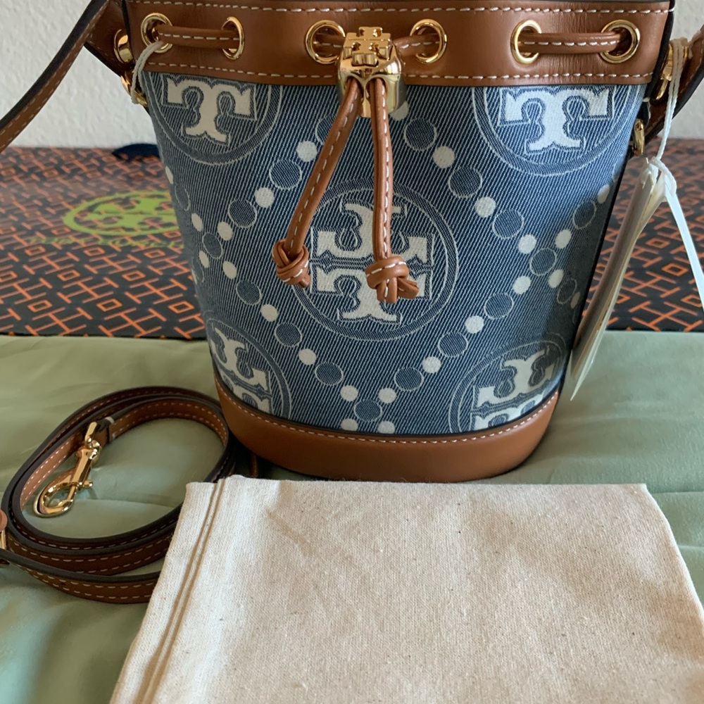 Tory Burch Mini T-Monigram Denim Bucket Crossbody Bag